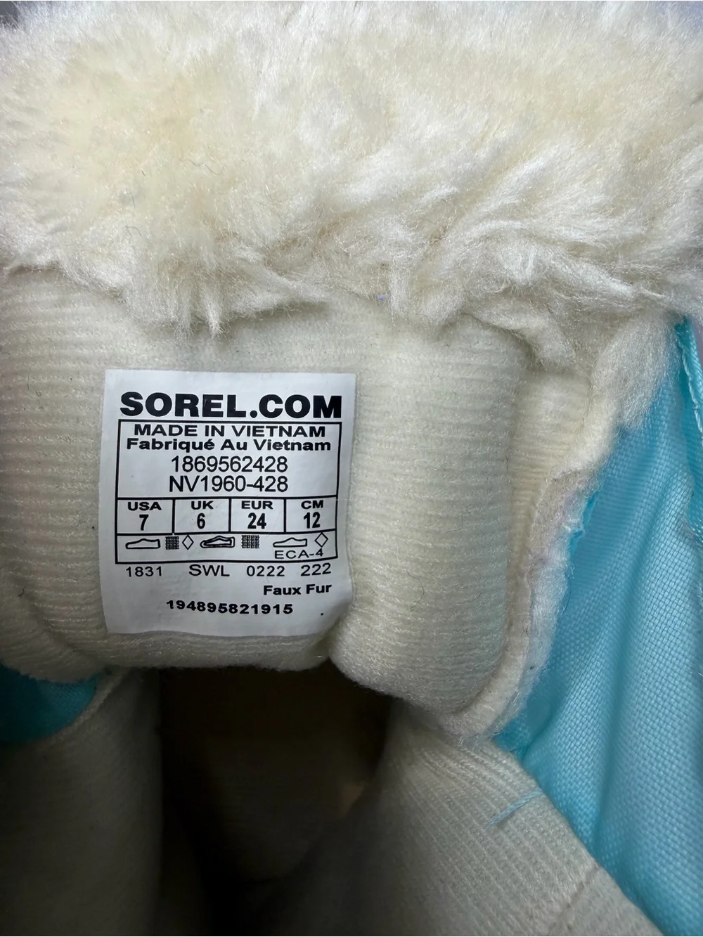 *Pre-Loved* Sorel Girls Aqua Blue and Pink Winter Boots with Faux Fur Cuff